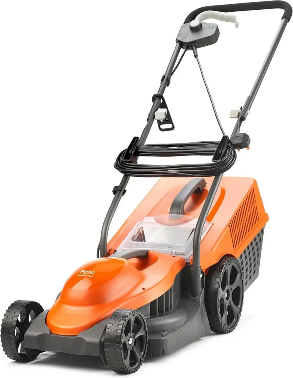 Elektrorasenmäher 1300W mit 32 cm Schnittbreite und 30L Fangkorb, ergonomische Griffe, Orange/Grau